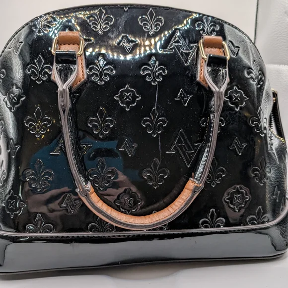 Adrienne Vittadini Black Patent Dome Satchel with Brown Trim - Picture 4 of 8